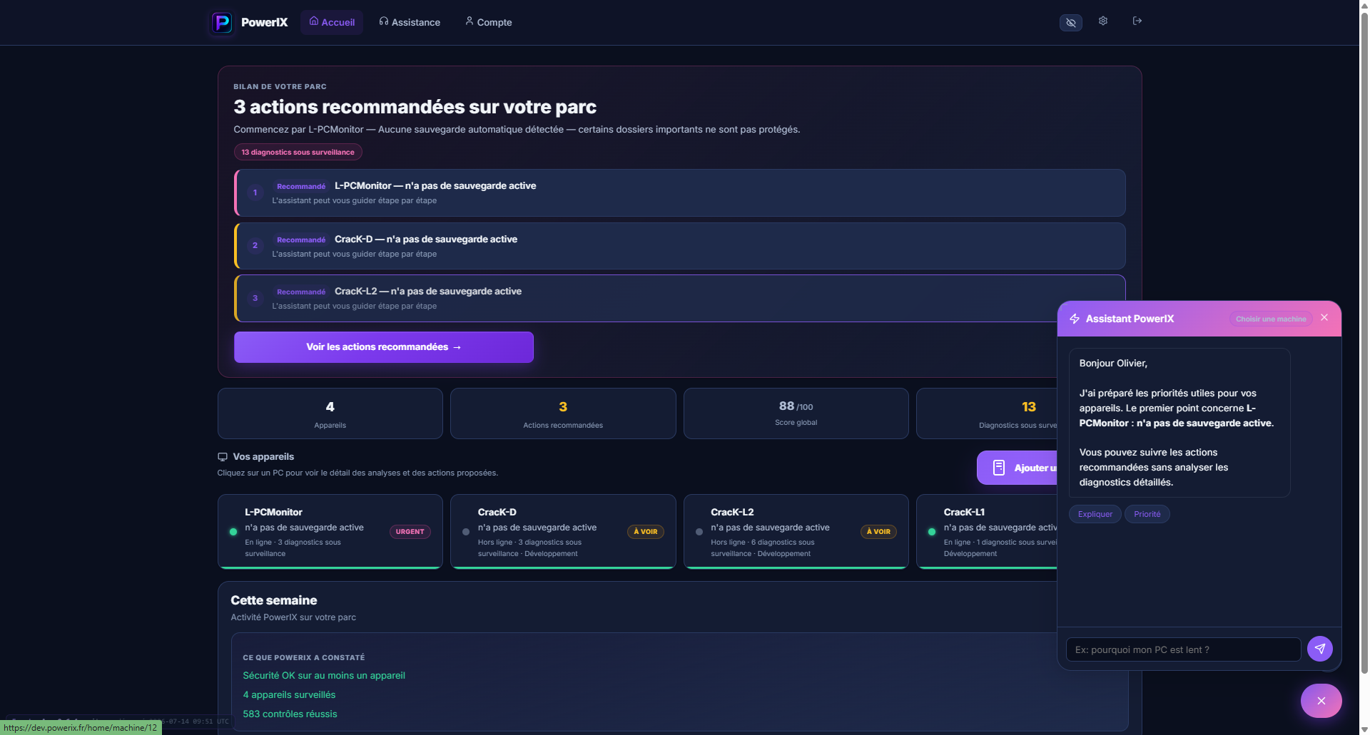 PowerIX dashboard with fleet assessment, recommended actions, and assistant