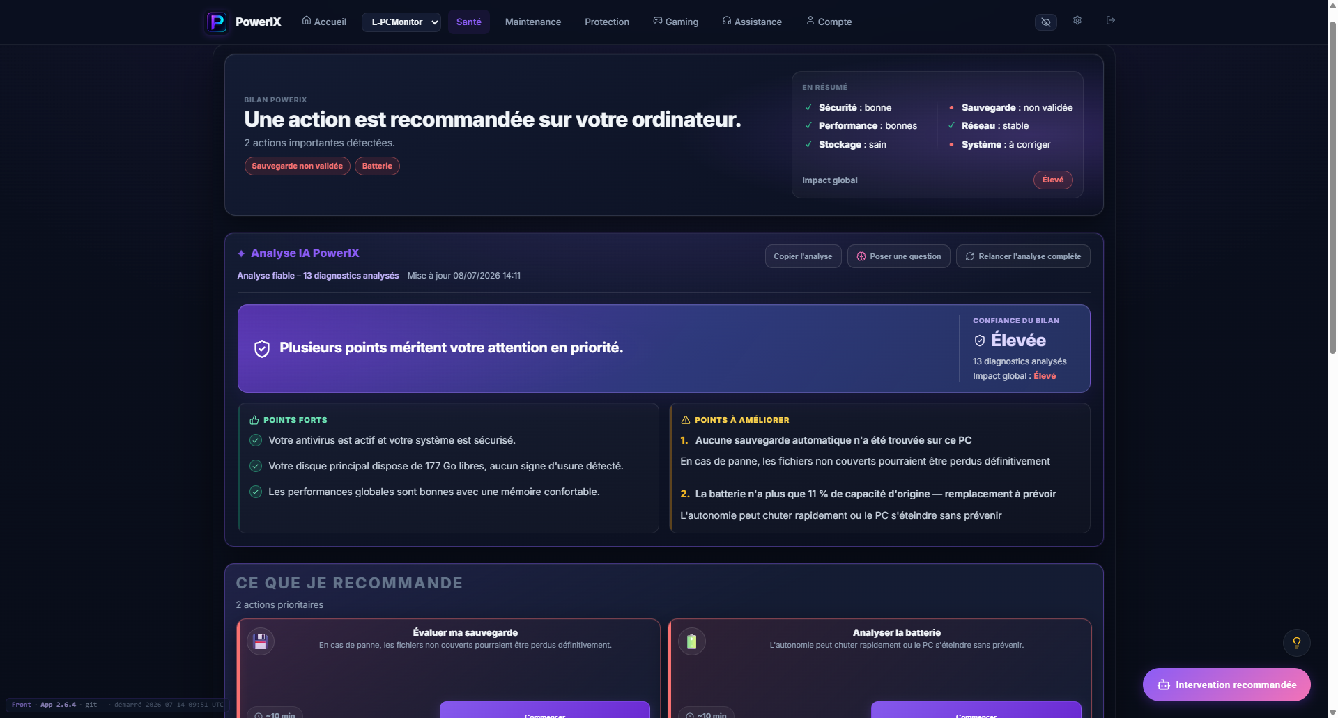 Exemple de diagnostic PowerIX sur la page Santé avec analyse IA et actions recommandées