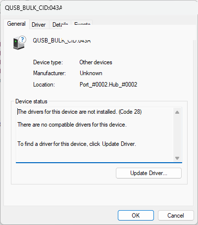 Redmi Pad SE détectée comme QUSB_BULK sous Windows avec erreur Code 28 après passage en EDL